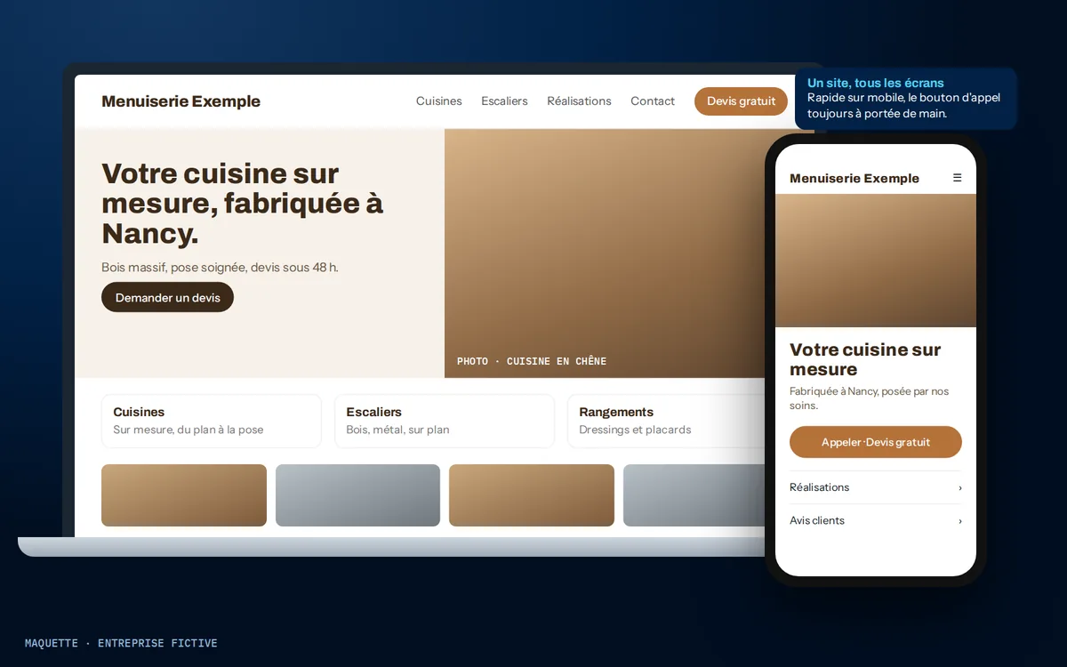 Maquette d'un site d'artisan affiché sur ordinateur et sur téléphone